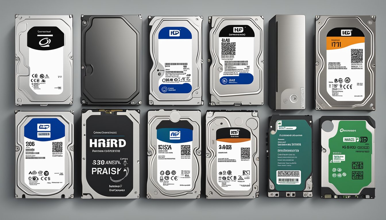 Various hard disk brands displayed on a shelf, with labels and specifications visible