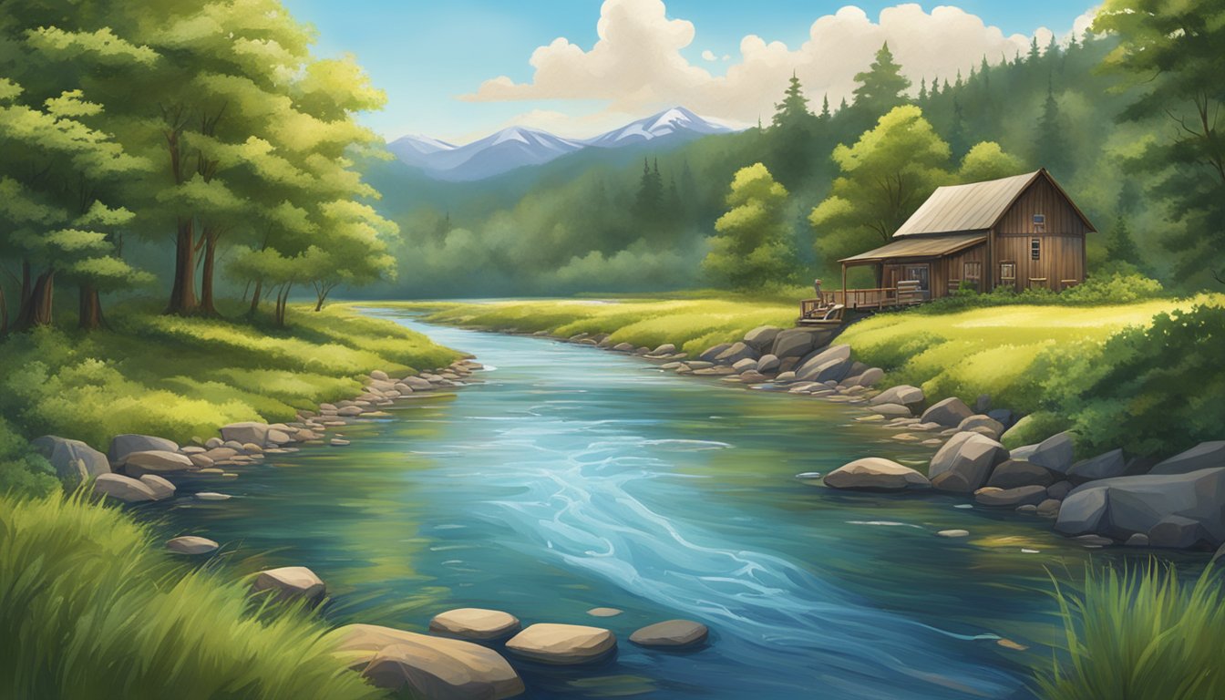 A pristine river teeming with wild salmon, surrounded by lush greenery and clear blue skies, with a smokehouse in the distance emitting a tantalizing aroma