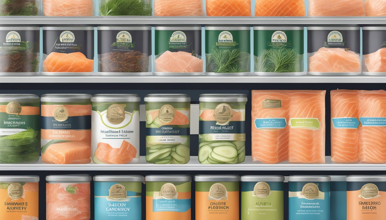 A variety of smoked salmon brands displayed on a shelf with clear labels indicating "healthiest choice." Bright, fresh colors and natural packaging suggest quality and wellness