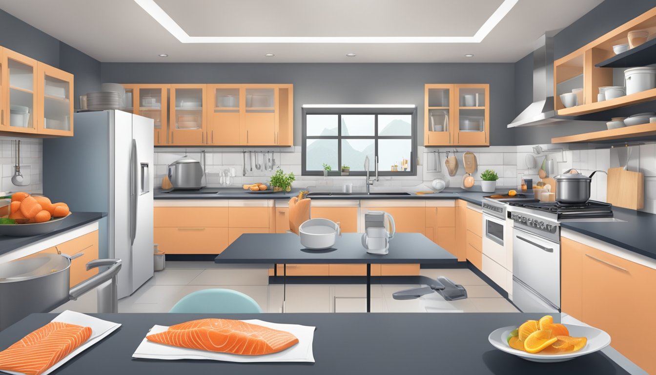 A pristine kitchen with a focus on a package of smoked salmon, surrounded by symbols of health and safety such as a clean workspace, gloves, and a thermometer
