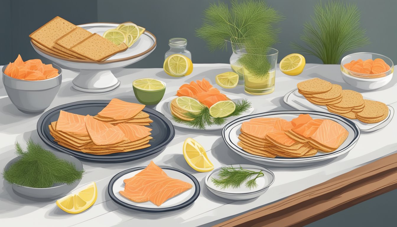 A table set with a variety of whole grain crackers, fresh dill, lemon wedges, and a platter of thinly sliced smoked salmon