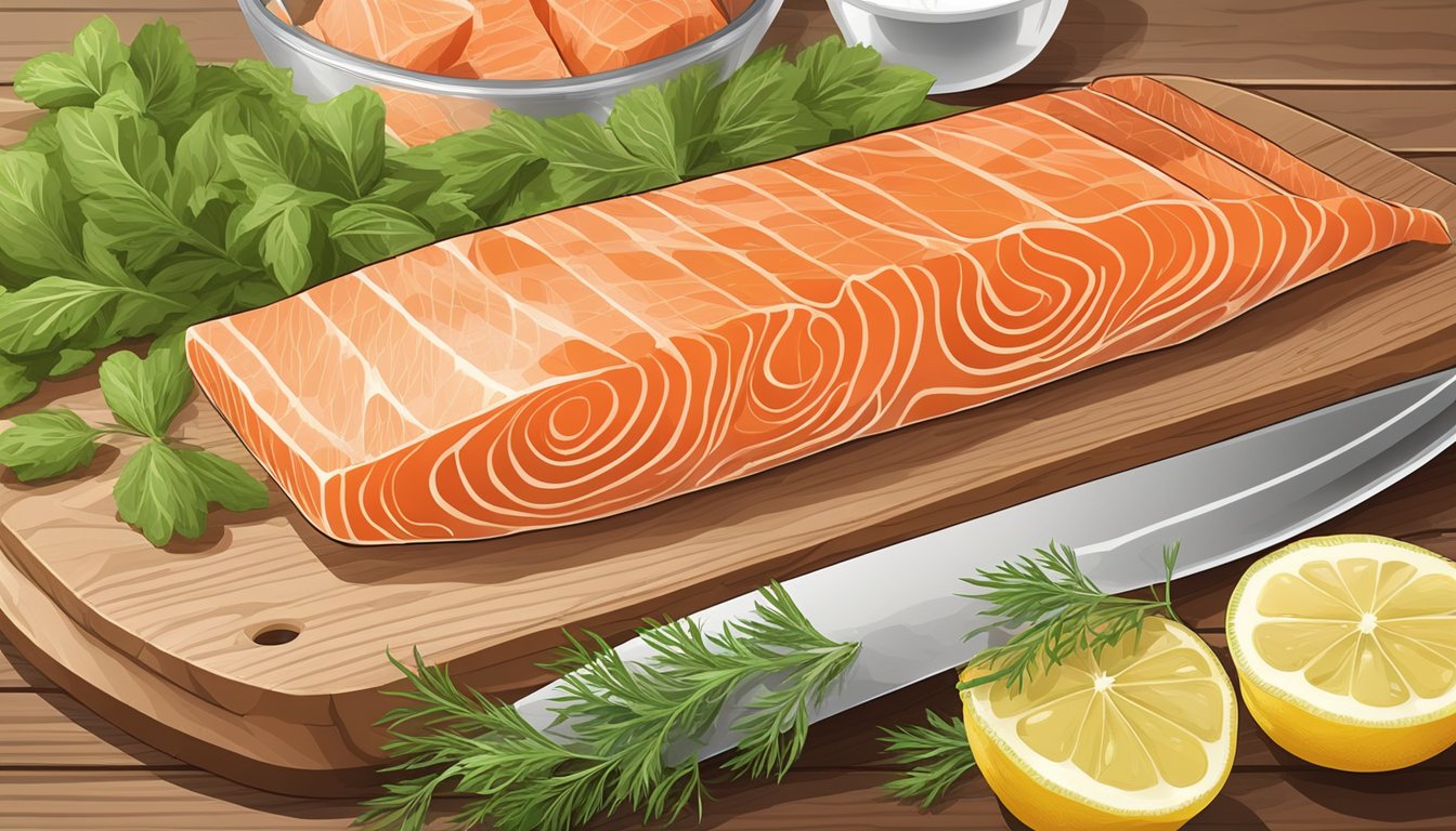Smoked salmon resting on a wooden cutting board, surrounded by fresh herbs and lemon slices, sealed in a vacuum-sealed package for freshness
