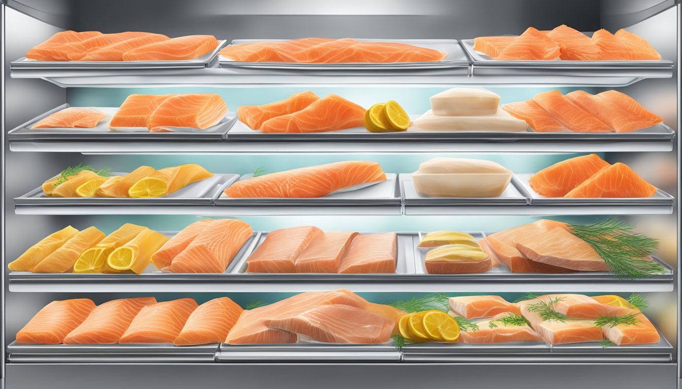 A display of fresh, vibrant smoked salmon packages, priced competitively and easily reachable on a supermarket shelf