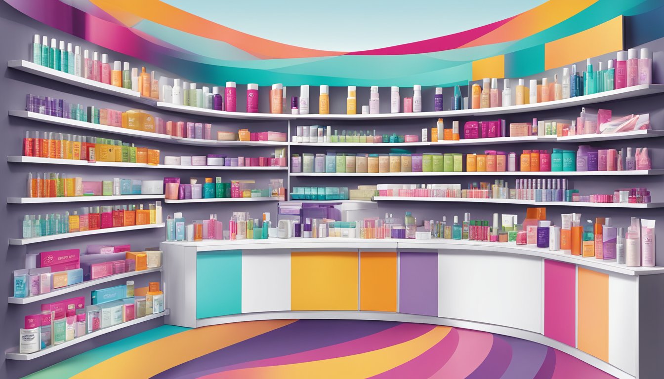 A display of Henkel beauty care products arranged on a sleek, modern shelf with bold branding and vibrant colors