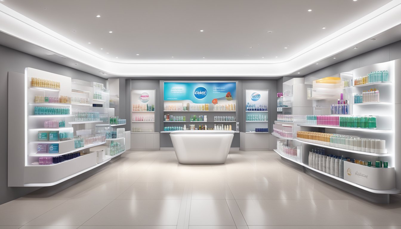 A sleek, modern beauty care product display with Henkel branding and a focus on excellence and quality
