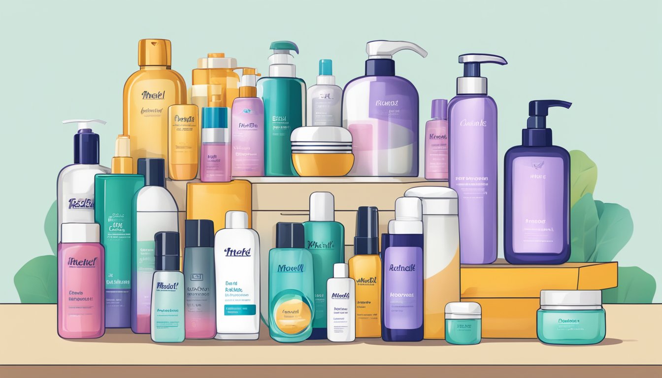 A table with various beauty care products, including shampoo, conditioner, and hair styling products, with a sign reading "Frequently Asked Questions Henkel Beauty Care Brands."