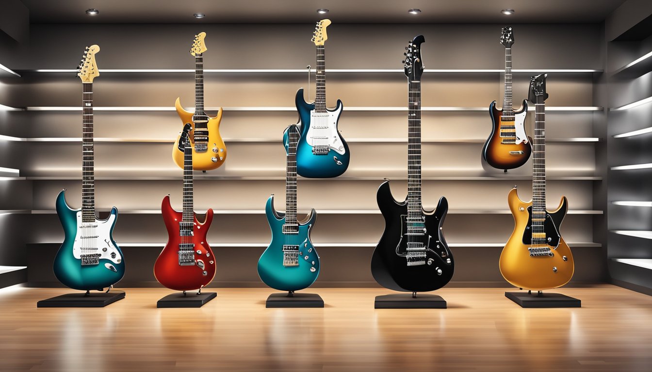 A display of high-end electric guitar brands, gleaming under bright spotlights in a sleek and modern showroom