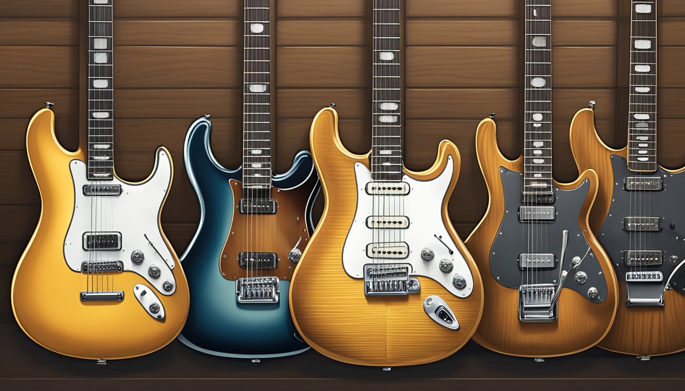 A display of iconic high-end electric guitar brands lined up on a sleek, modern showroom stage. Each instrument gleams under the spotlight, showcasing their unique designs and luxurious finishes