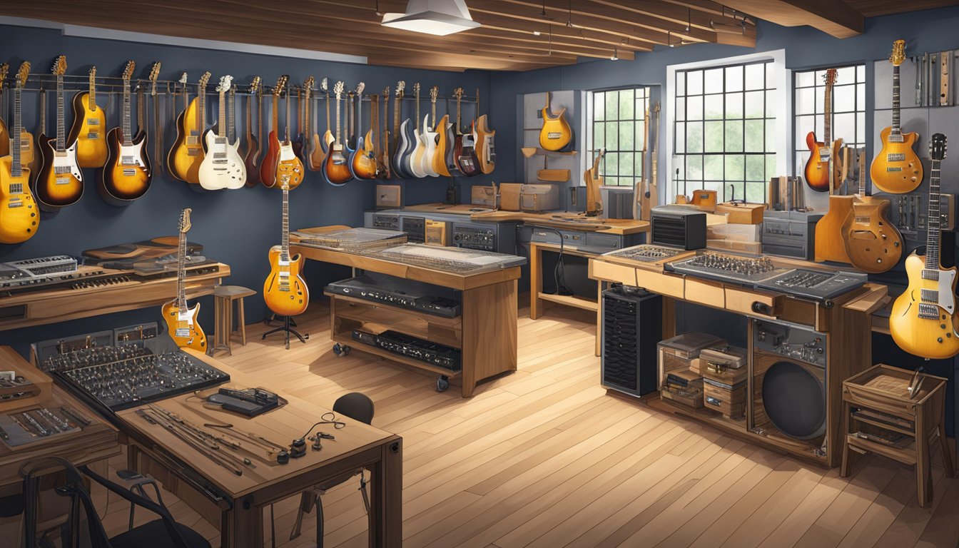 A workshop filled with high-end electric guitar brands, showcasing the craftsmanship and materials used in their construction