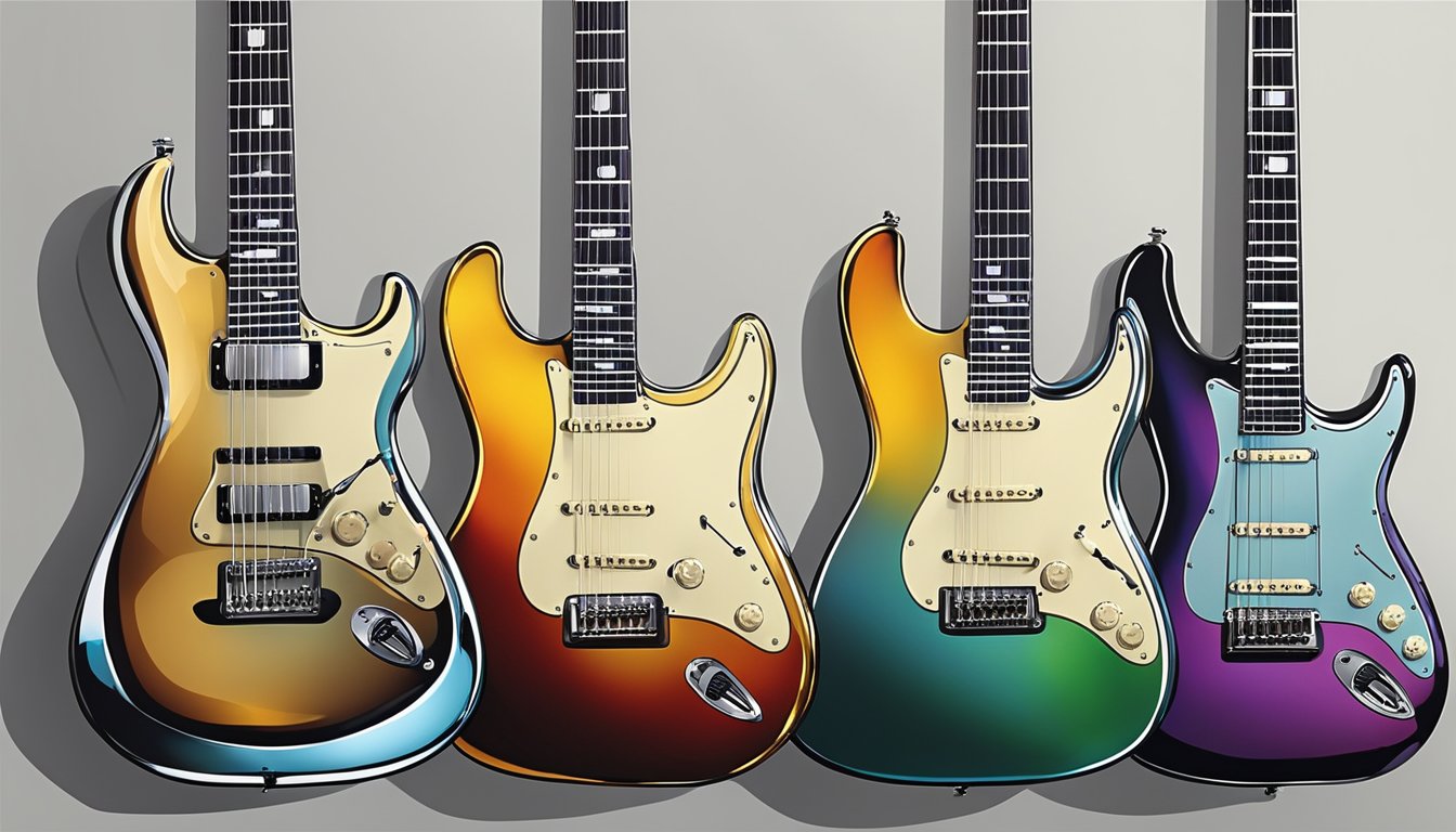 Electric guitars of various high-end brands line the stage, their sleek bodies and shiny finishes reflecting the colorful lights. The sound of their amplified strings fills the air, shaping the diverse genres of music