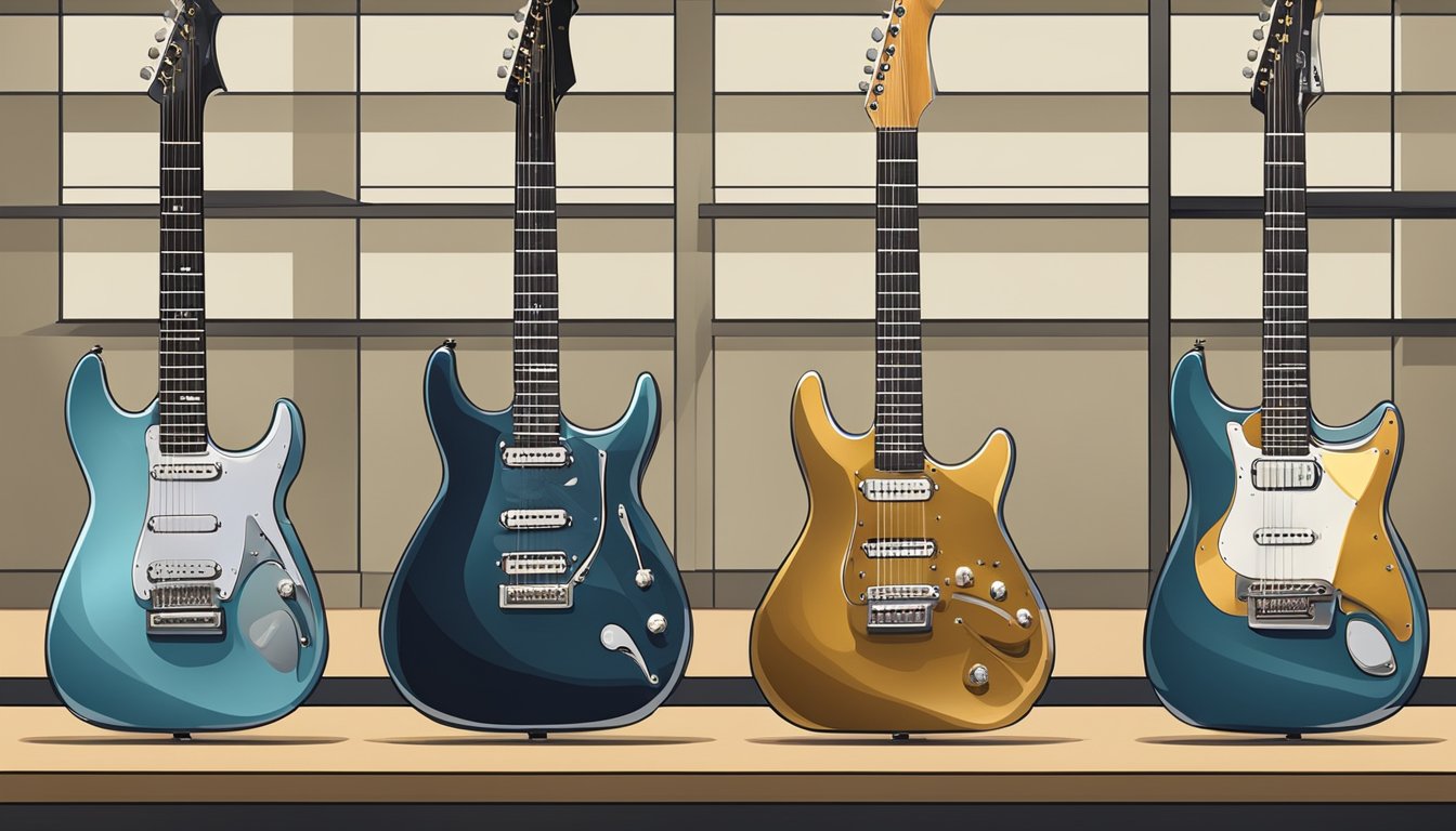 A display of high-end electric guitars, each with unique designs and features, showcased in a well-lit music store