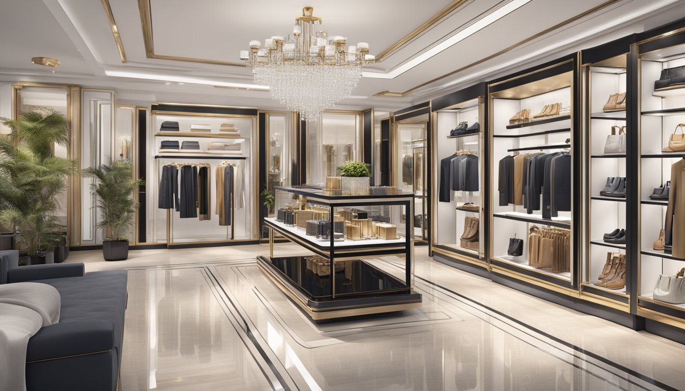 A display of high-end luxury brands, with sleek and modern storefronts, elegant and sophisticated product displays, and a sense of exclusivity and opulence