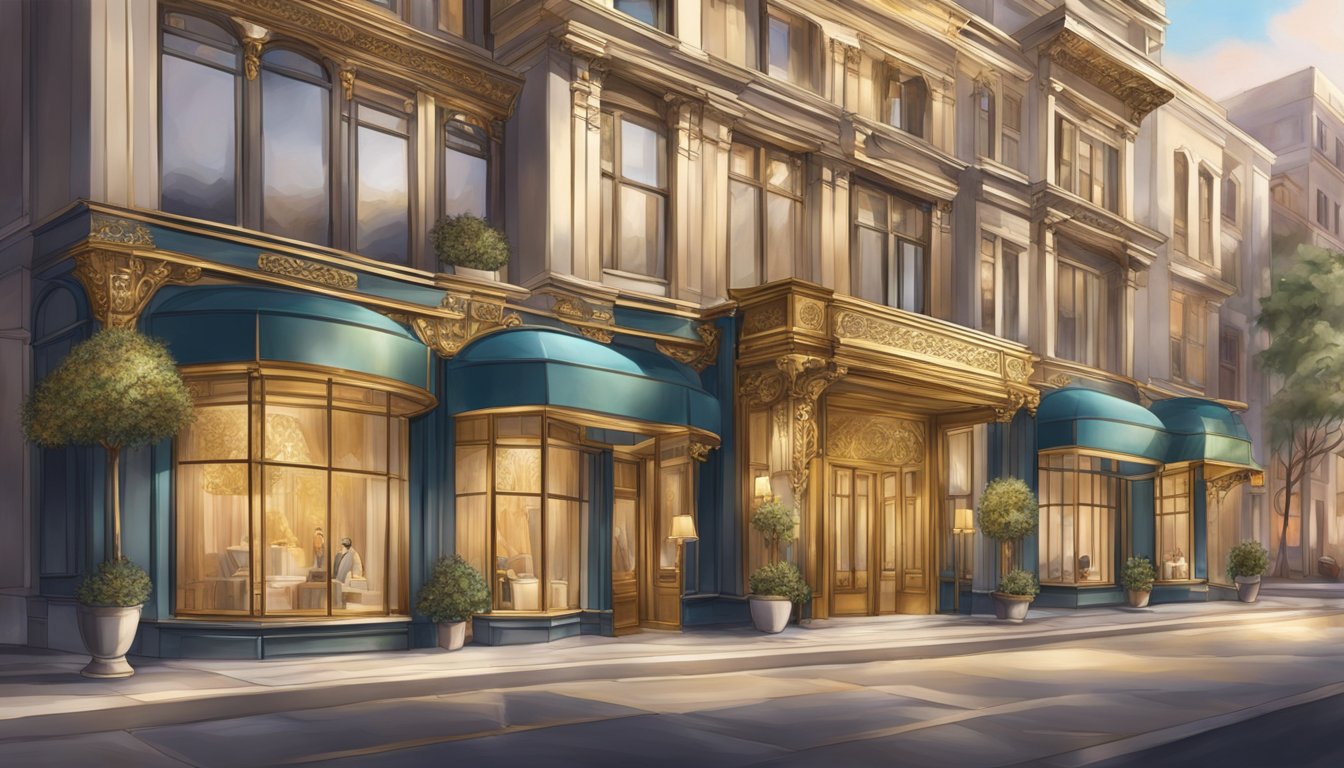 A grand, opulent storefront adorned with gold accents and large windows showcasing exquisite designer garments and accessories