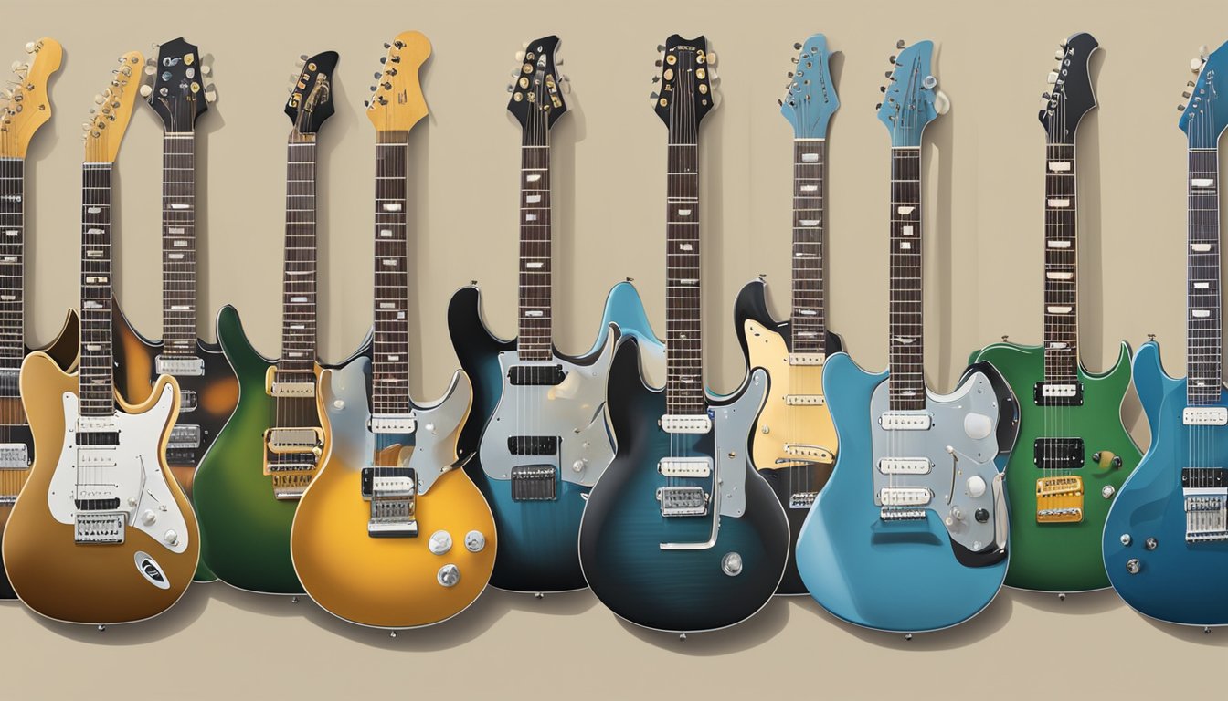 A display of top electric guitar brands with logos and product names, surrounded by curious customers and staff