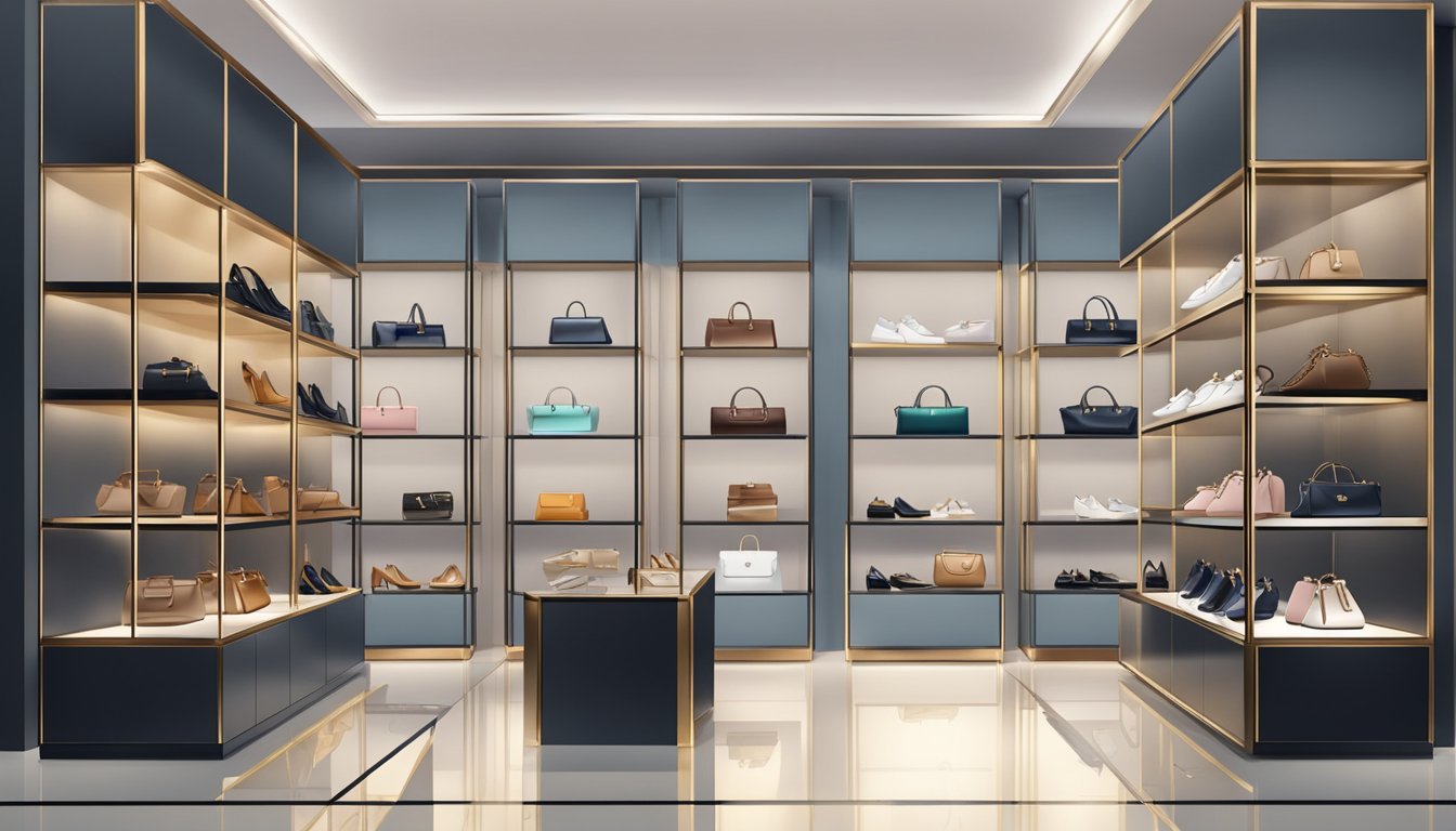 A display of luxury accessories and footwear from high-end brands. Shiny leather shoes, elegant handbags, and sparkling jewelry arranged on sleek shelves