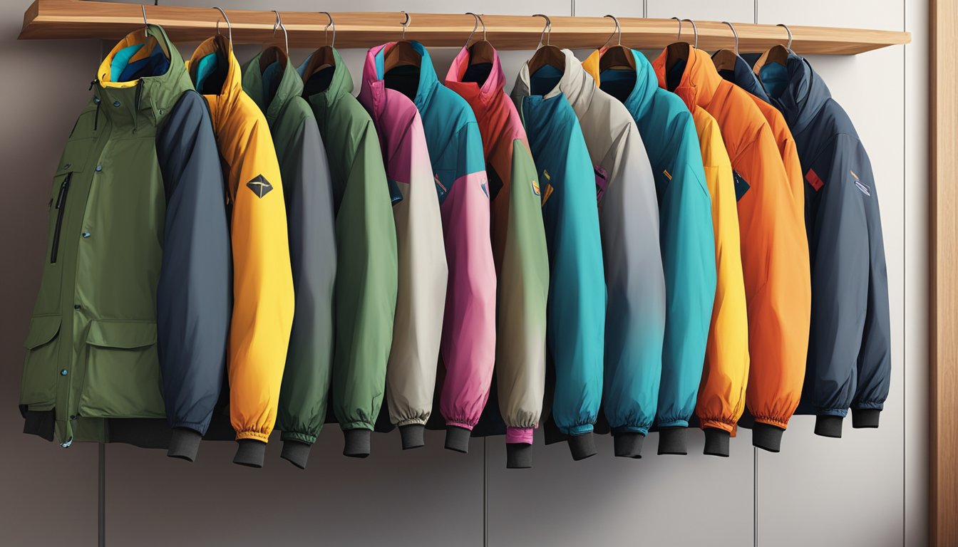 A row of colorful hiking jackets hang on a wooden rack, each brand logo prominently displayed. The jackets are made of durable, weather-resistant material and feature multiple pockets and adjustable cuffs