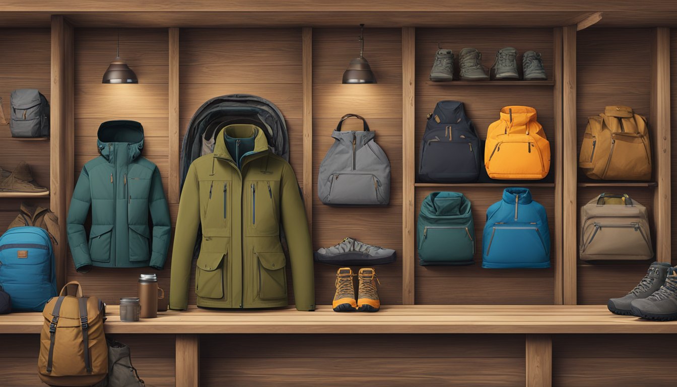 A display of popular hiking jacket brands arranged on a wooden table in a rustic outdoor setting