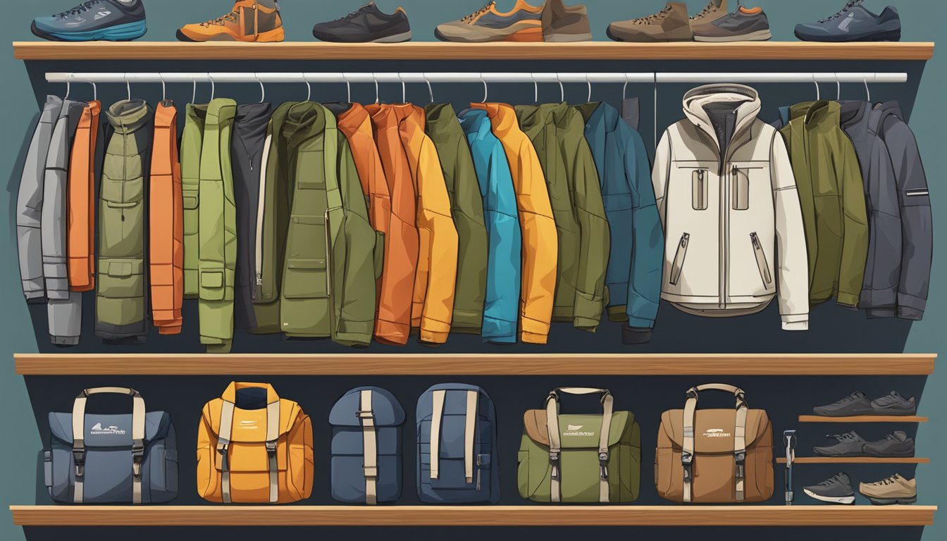 A display of various hiking jacket brands, each with different features and designs, arranged neatly on shelves or racks in a well-lit outdoor gear store