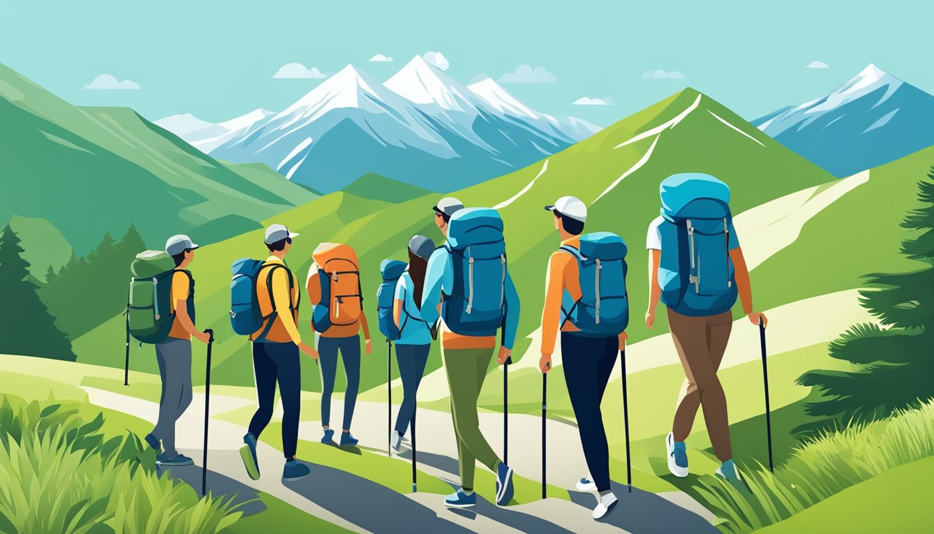 A group of hikers wearing sustainable and ethical choices hiking jackets, surrounded by lush green mountains and clear blue skies