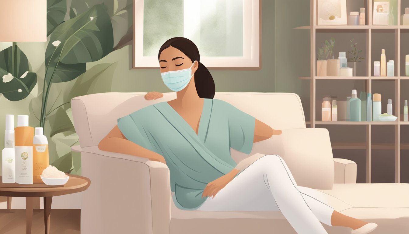 A woman relaxes with a facial mask on, surrounded by Home Facial Pro brand products. A serene atmosphere with soft lighting and a comfortable setting