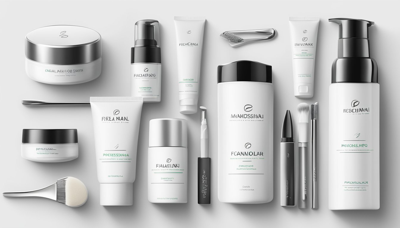 A sleek, modern home facial pro brand logo displayed on a clean, white background with minimalist packaging and professional skincare tools