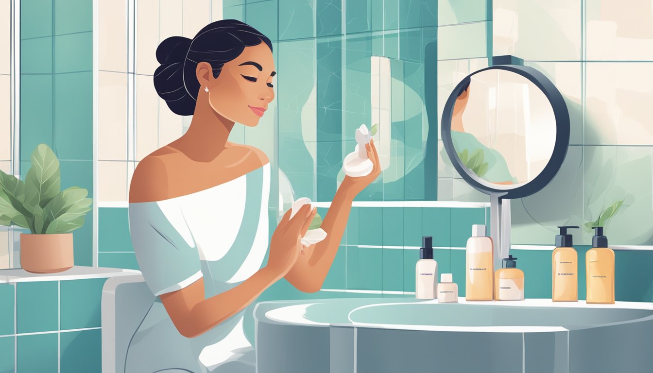 A woman applies Skin Concerns and Solutions facial products in her bathroom
