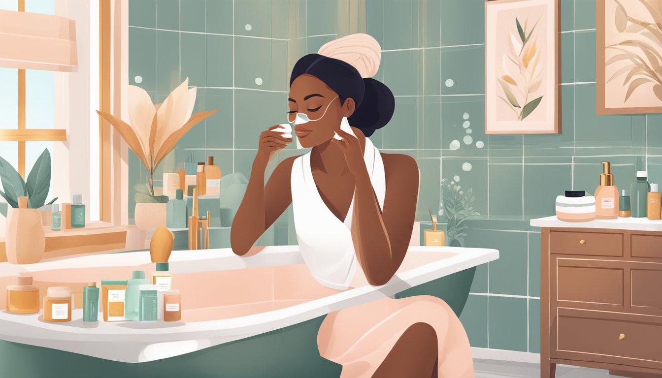 A woman relaxes in a cozy bathroom, surrounded by luxurious skincare products from the Home Facial Pro brand. She applies a nourishing face mask while enjoying a peaceful and rejuvenating beauty routine