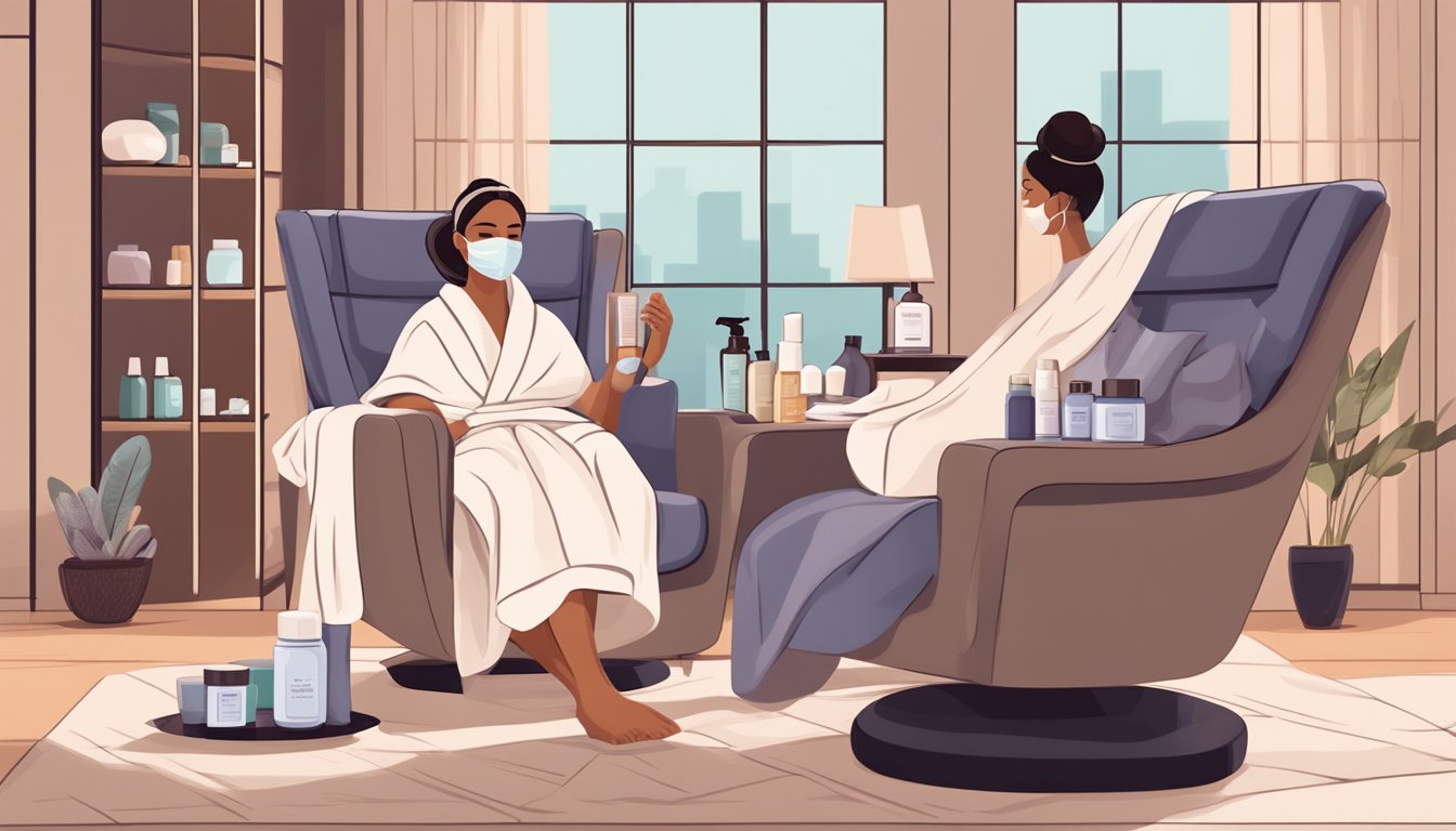 A woman relaxing in a cozy chair with a warm towel on her face, surrounded by luxurious skincare products from Home Facial Pro