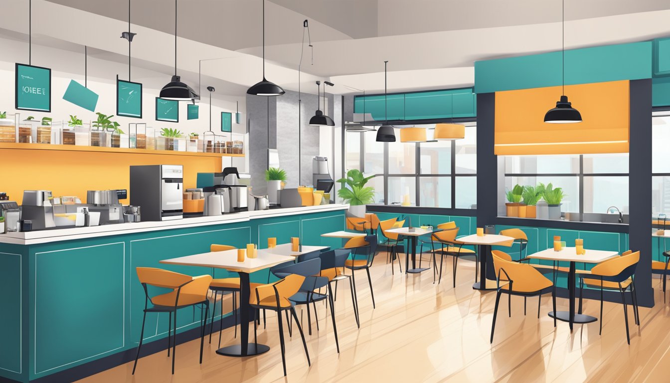 A bustling cafe with modern furniture and sleek branding on the walls, menus, and coffee cups. Vibrant colors and clean lines create a trendy atmosphere