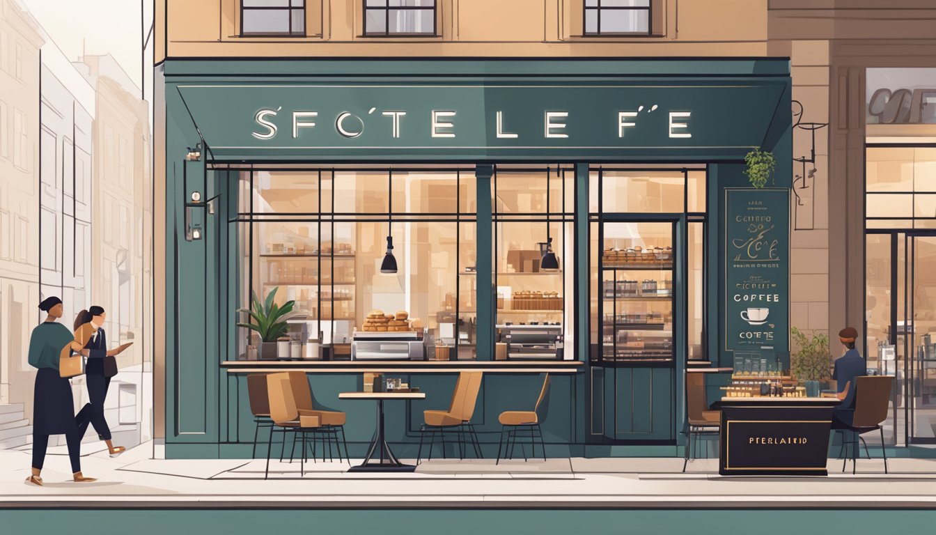 A bustling cafe with modern decor, featuring a sleek logo on the storefront and stylish signage promoting specialty coffee and gourmet pastries