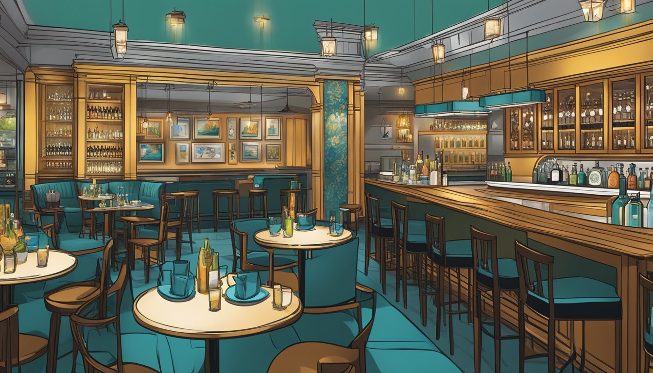 A bustling restaurant with modern decor, vibrant colors, and a welcoming atmosphere. Tables are set with elegant dishware and glassware, while the bar showcases an array of premium spirits. The logo is prominently displayed, reflecting the brand's identity