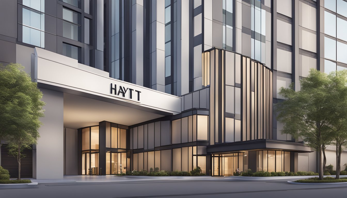 The Hyatt Brands logo is displayed prominently on a sleek, modern hotel facade, with clean lines and a sophisticated color palette