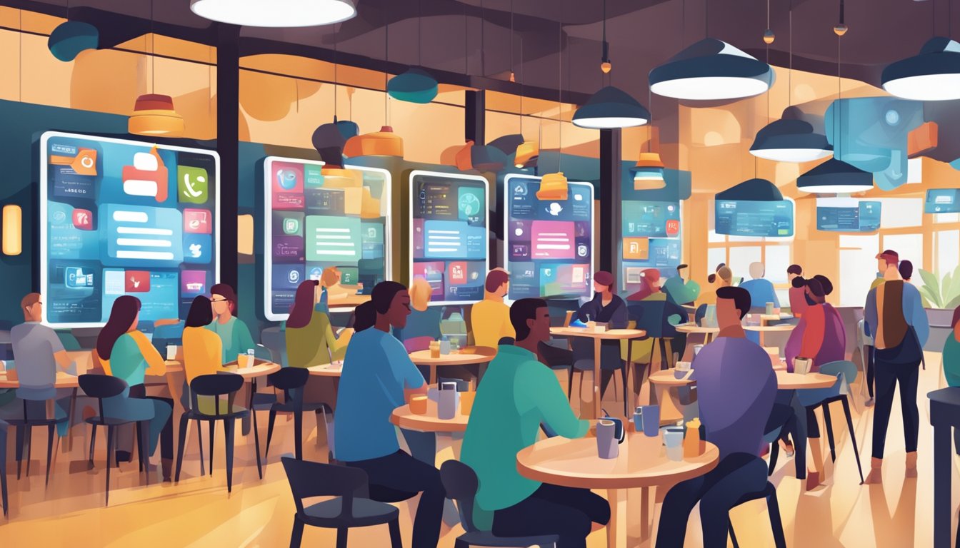 A bustling café with vibrant digital screens showcasing social media engagement and online presence. Tables filled with patrons interacting with their devices, while the logo prominently displayed