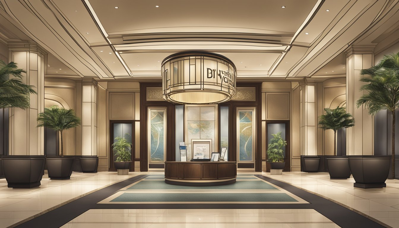 The Distinctive Collections logo is prominently displayed above the entrance of a luxurious Hyatt hotel, surrounded by other branded signage and elegant architectural features