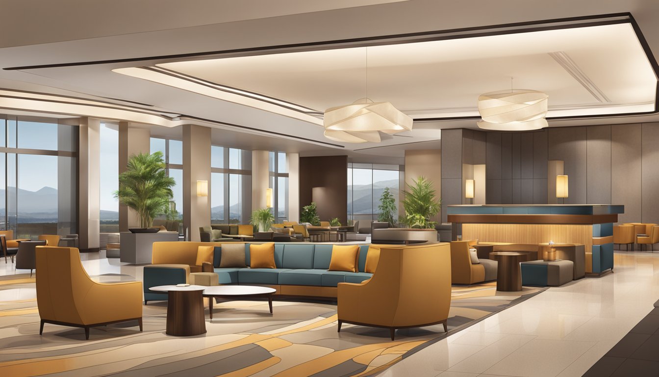 A modern, sleek hotel lobby with the Innovative Concepts Hyatt brand prominently displayed. Clean lines, contemporary furniture, and a warm, inviting atmosphere