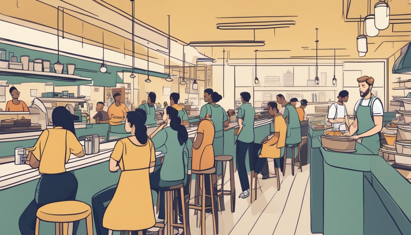 A busy restaurant with customers asking questions at the counter, while the staff members are busy serving and organizing the space