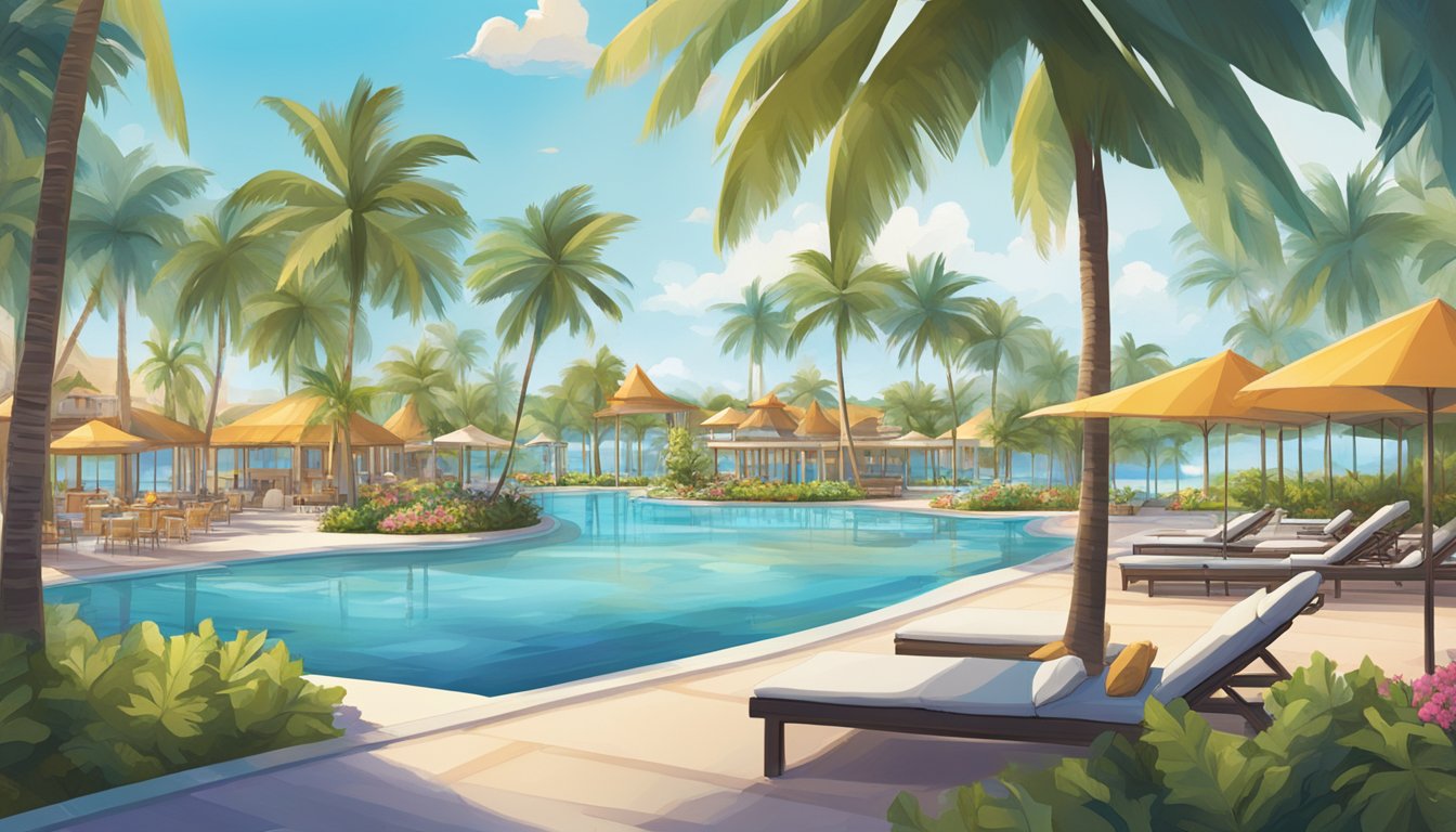 A vibrant resort landscape with palm trees, a sparkling pool, and a luxurious beachfront setting, showcasing the all-inclusive experience of Hyatt brands