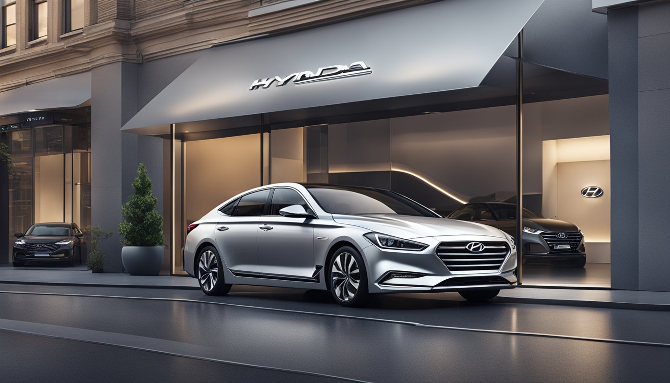 The Hyundai upscale brand logo shines on a sleek, modern storefront, with elegant cars displayed in the background