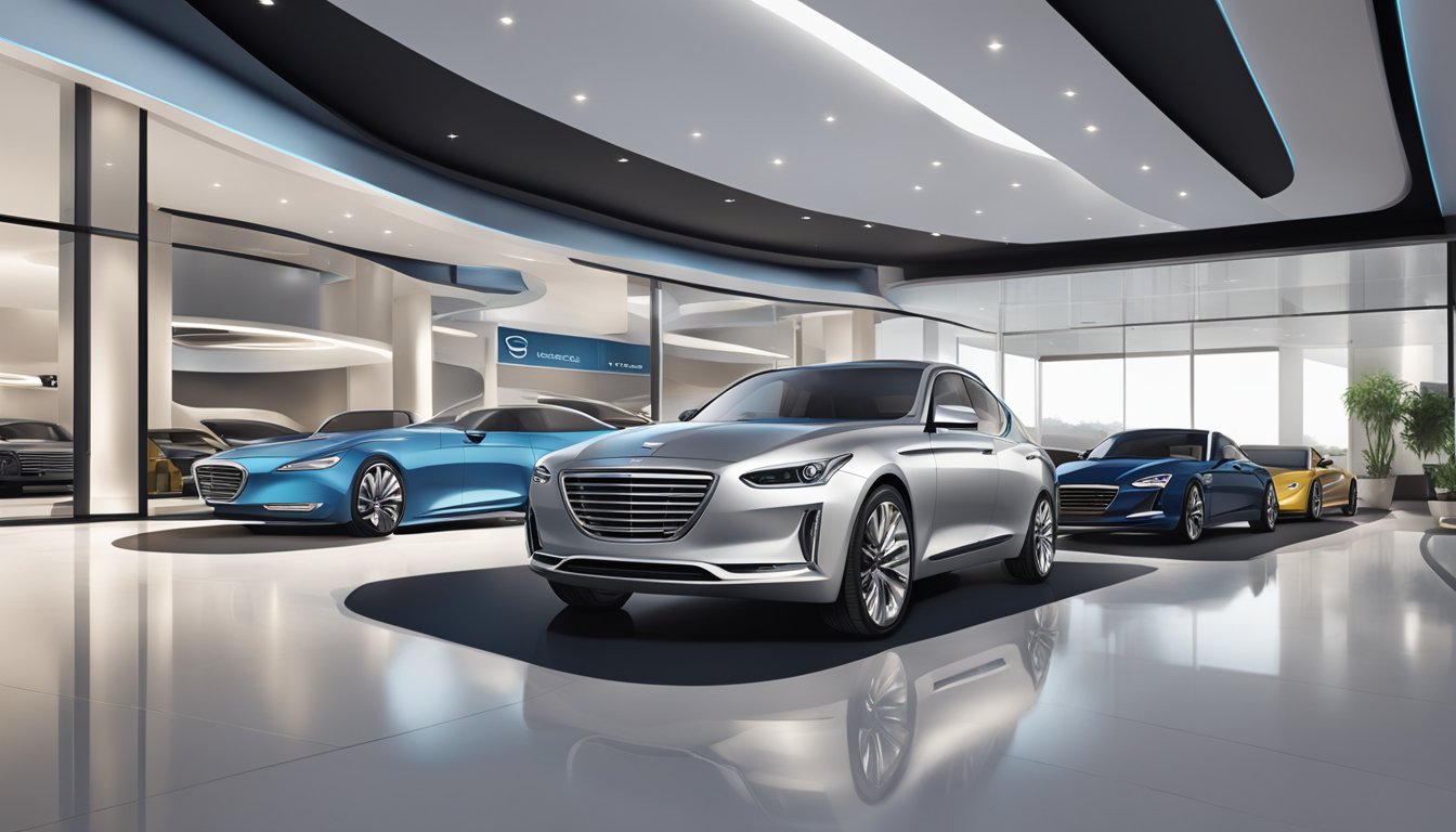 A sleek, modern car showroom with Genesis branding prominently displayed. High-end design elements and sophisticated lighting create an upscale atmosphere