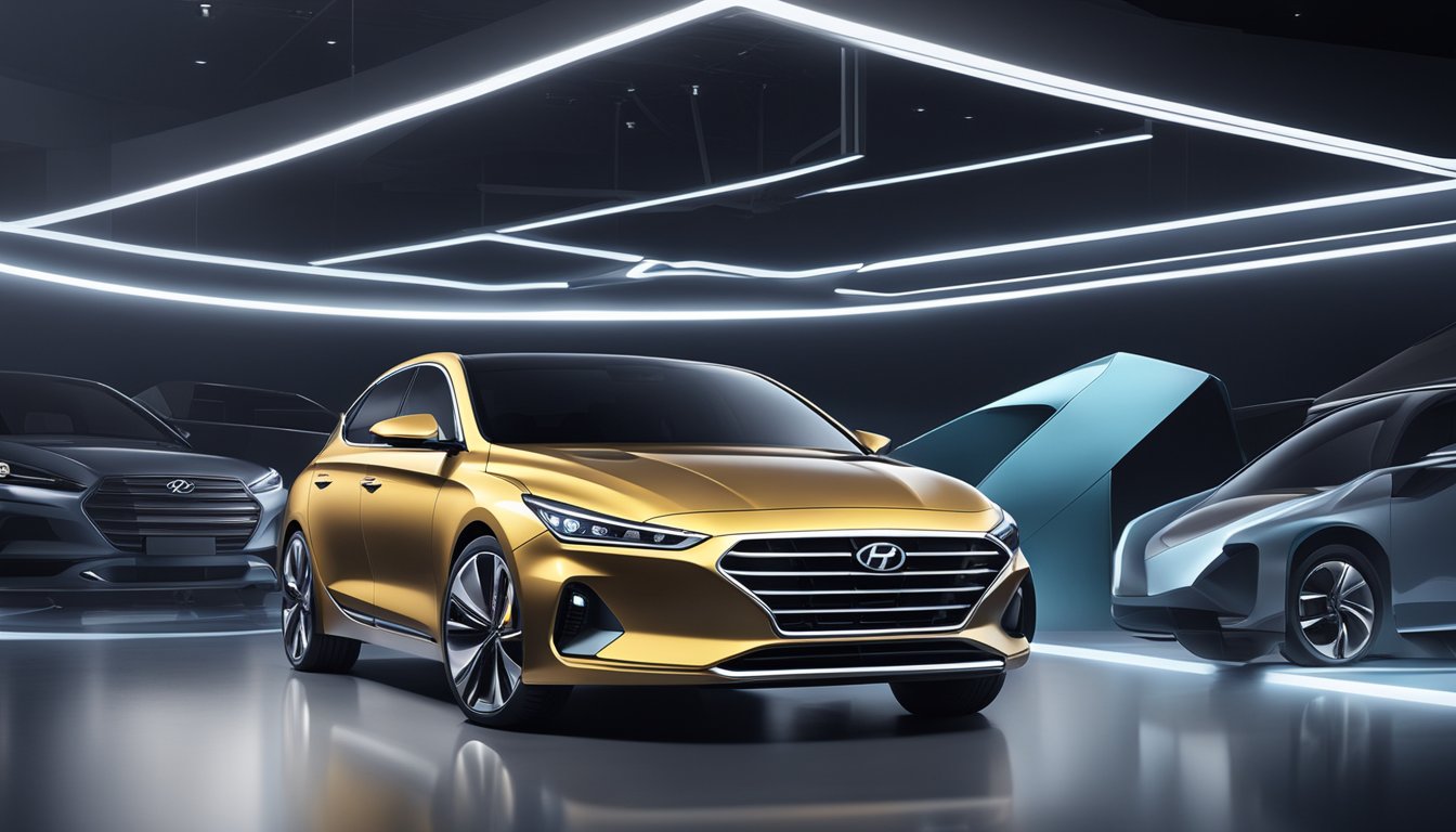 A sleek Hyundai upscale car is showcased on a stage, surrounded by engineering tools and equipment. The spotlight illuminates the brand logo on the vehicle