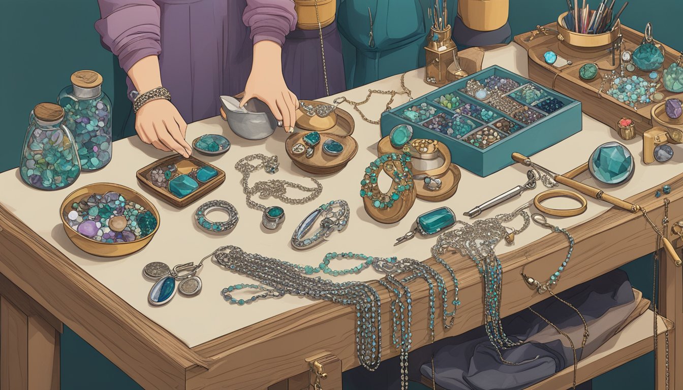 A workbench cluttered with tools, gemstones, and delicate chains. A jeweler's hands meticulously crafting a dainty necklace, showcasing the artistry of indie jewelry brands