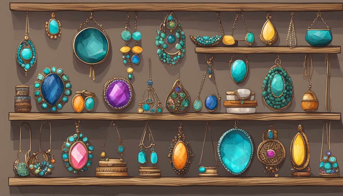 A colorful array of unique, handcrafted jewelry pieces displayed on rustic wooden shelves in a cozy, bohemian-inspired boutique
