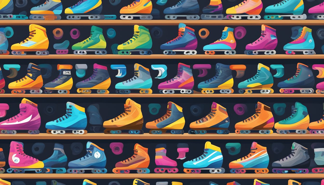 Vibrant display of top inline skate brands on shelves with bold logos and sleek designs