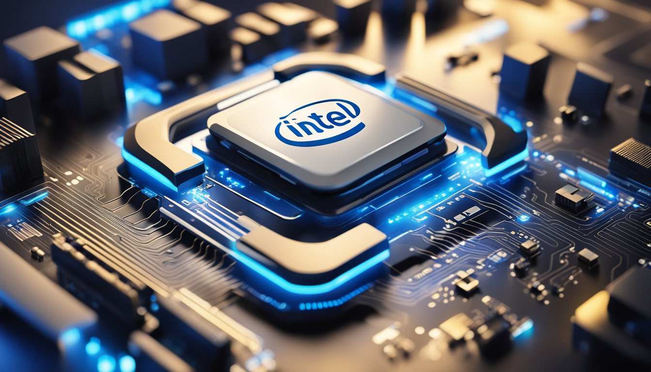 Intel's logo glowing on a sleek, modern device. Surrounded by futuristic technology and digital displays. Reflecting innovation and cutting-edge design