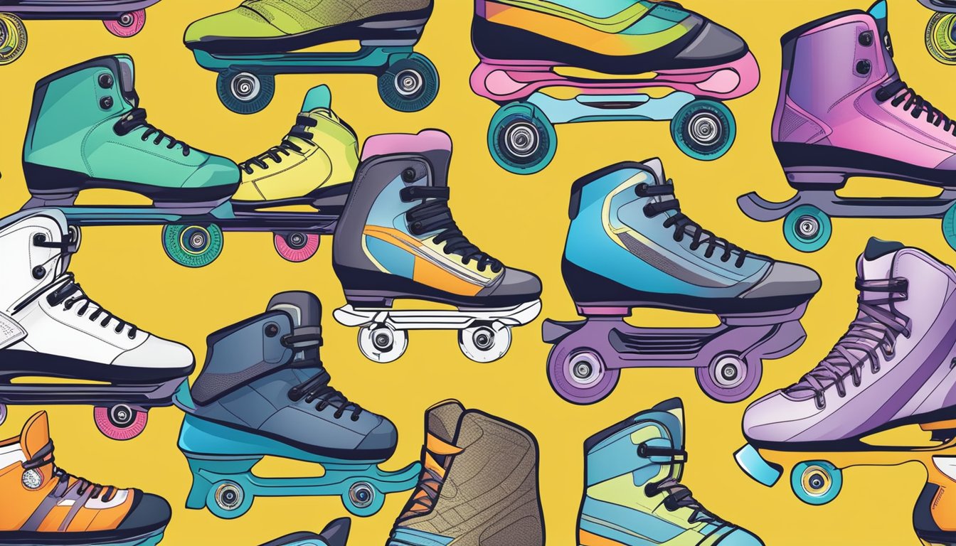 Various types of inline skates are arranged in a colorful display, showcasing different brands and styles of inline skating shoes