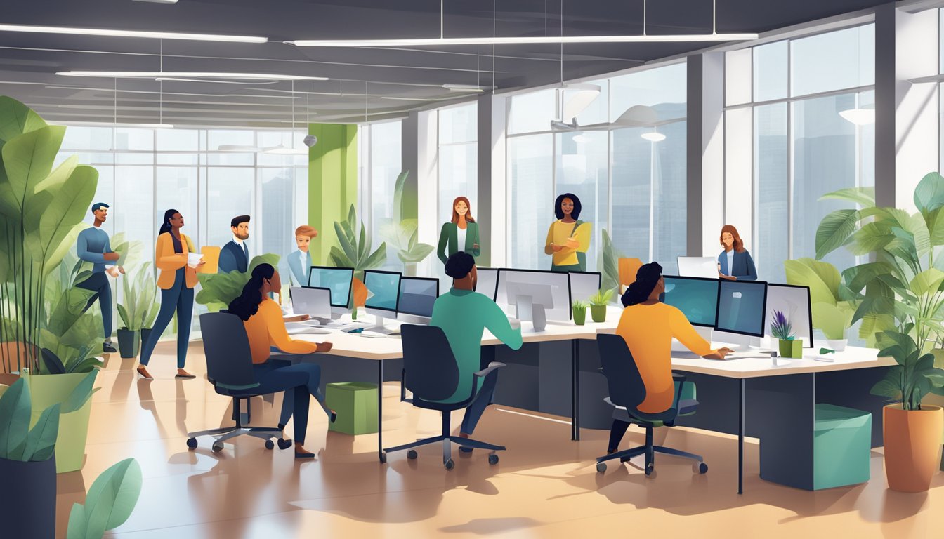 A group of diverse people working together in a modern office environment, surrounded by sustainable and eco-friendly elements, showcasing the company's commitment to corporate responsibility and culture
