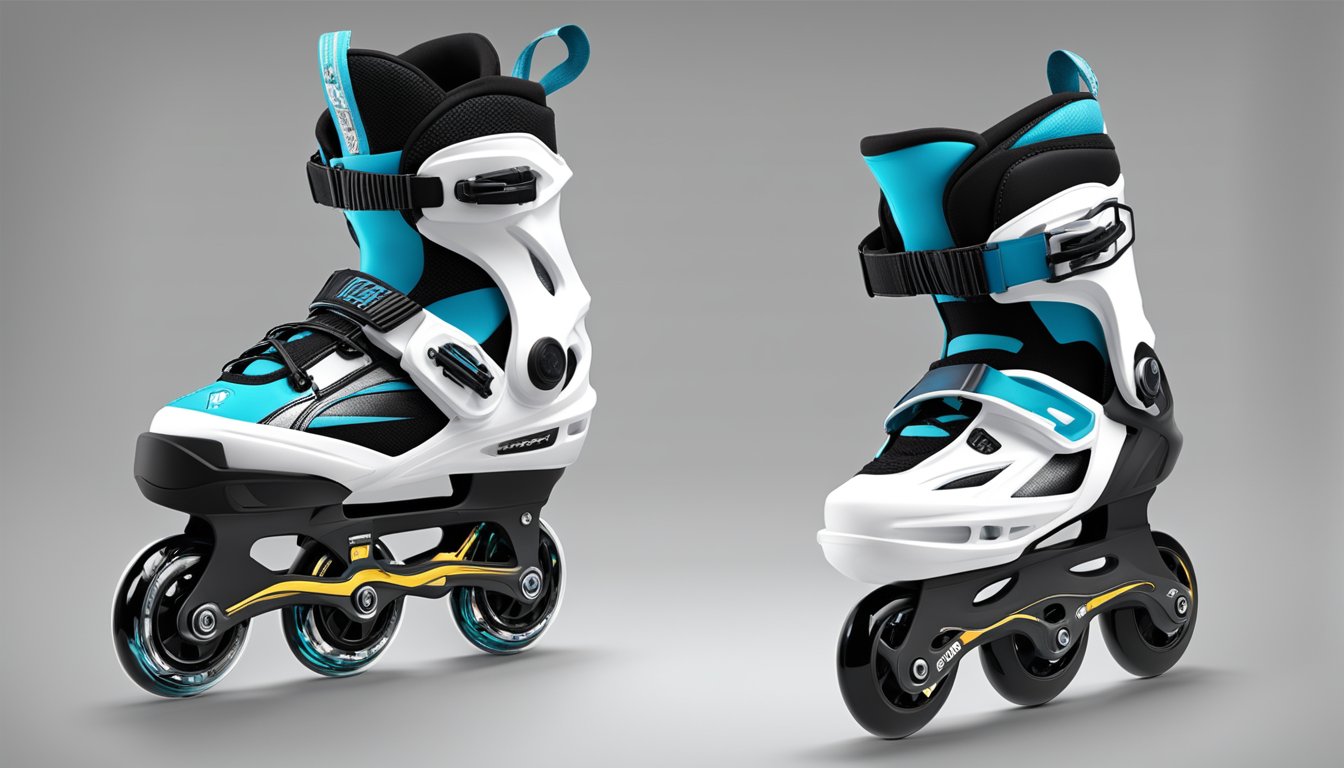 A pair of inline skates with sleek, aerodynamic design, adjustable straps, and durable wheels on a smooth, paved surface