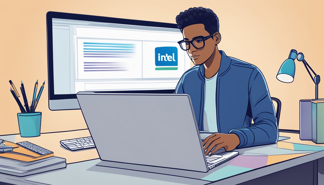 A person using a laptop with the Intel logo displayed prominently on the screen, surrounded by modern technology and sleek, professional branding materials