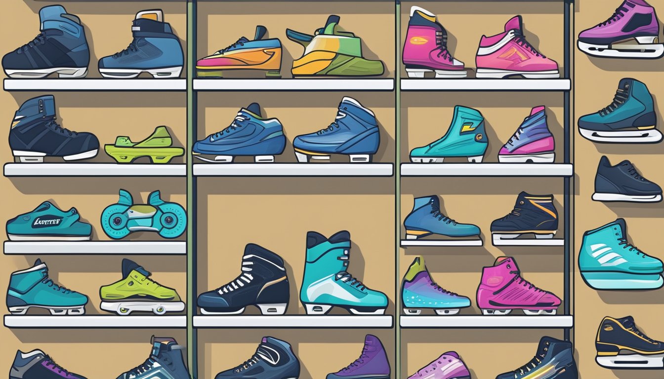 A display of popular inline skating shoe brands arranged neatly on shelves with clear labels and logos visible