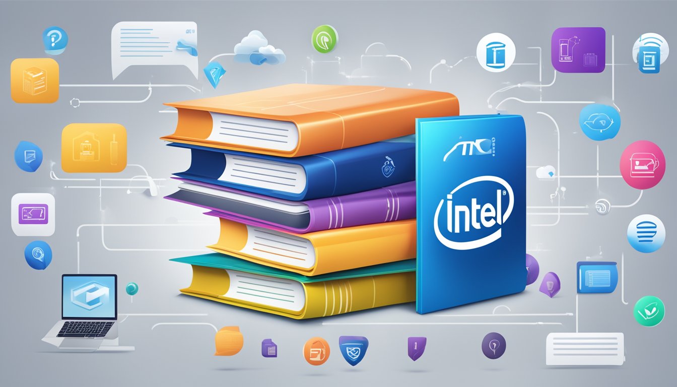 A stack of FAQ documents with Intel's logo on top, surrounded by tech icons and a sleek, modern font